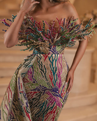Close-up of Colorful Gemstones and Beads on Luxury Lace Dress