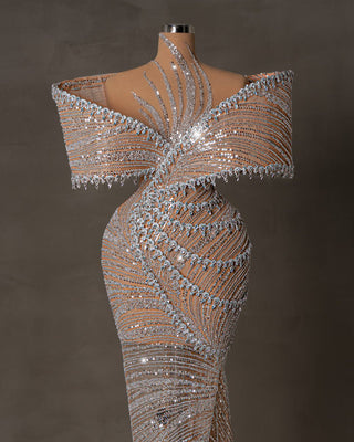 Elegant Off Shoulder Dress with Crystals and Sequins