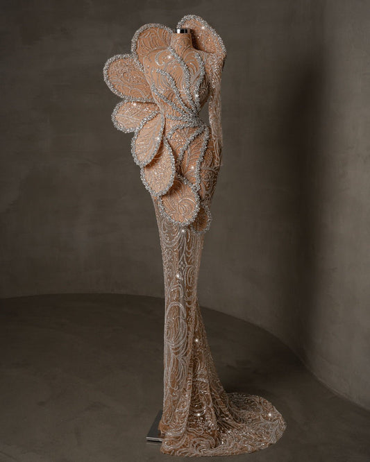 Luxurious one shoulder dress adorned with crystals and intricate detailing