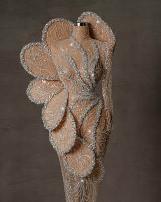 Elegant one shoulder dress with crystals and 3D floral designs