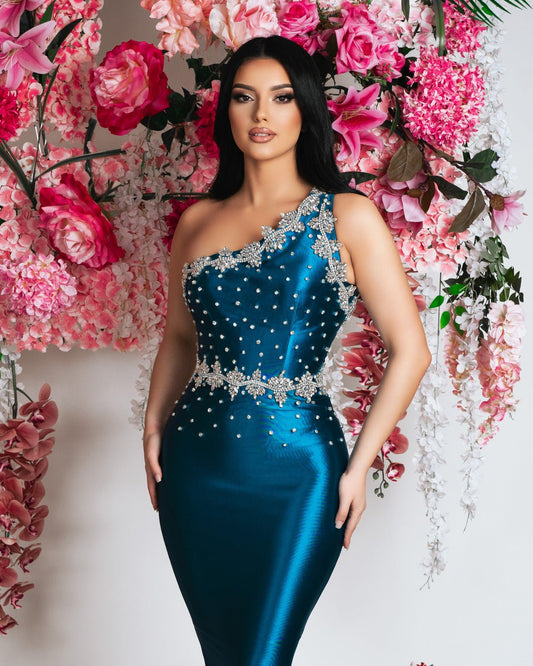Elegant Long Blue Satin Dress with Silver Stone Embellishments