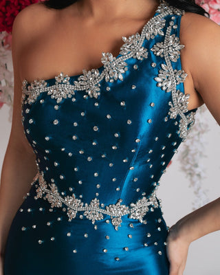 Close-Up Detail of Blue Satin Dress Bodice with Silver Stones