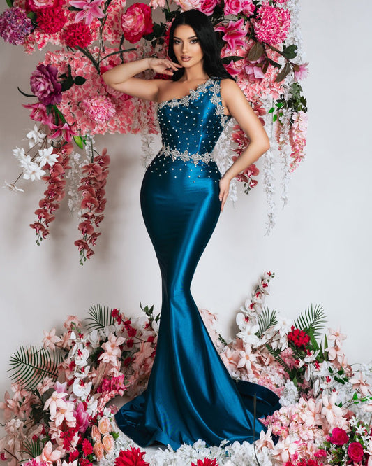 Blue Satin Dress with One-Shoulder Design
