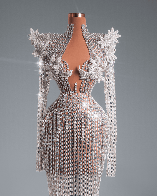 Toa Silver Long Dress with Crystals and Flowers