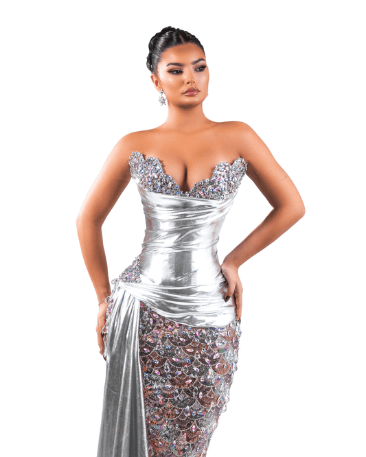 Trensy Silver Long Sleeveless Dress with Crystals and Metallic Leather