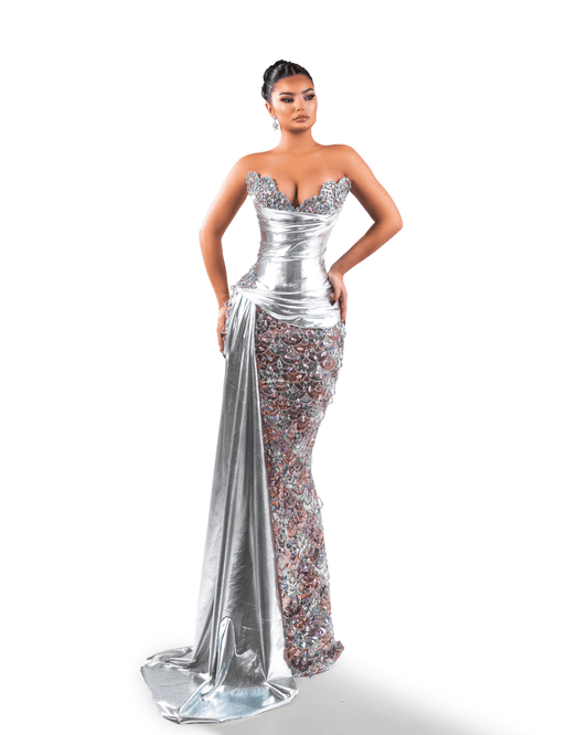 Trensy Silver Long Sleeveless Dress with Crystals and Metallic Leather