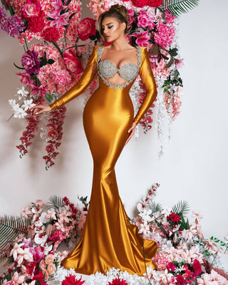 Satin Dress - Elegant Saffron Yellow Satin Gown with Crystals