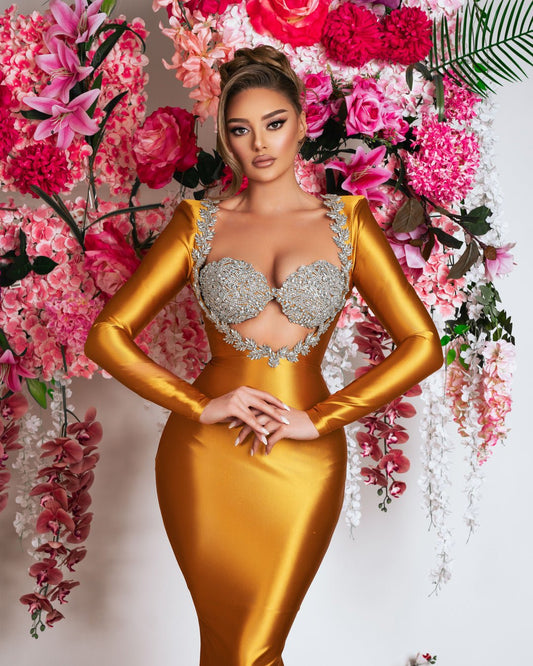Saffron Yellow Satin Dress - Long Sleeve Formal Attire with Waist Cutout