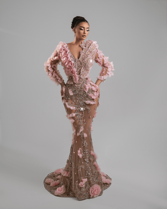 Uniesa Pink Long Dress with Crystals