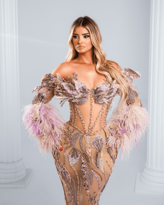 Ureliya Purple Dress with Crystals and Feathers