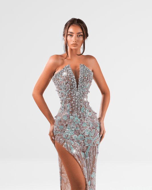 Urende Silver Long Sleeveless Dress with Crystals