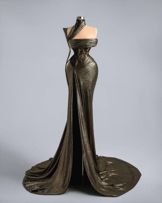 Uresa Bronze Gold Metallic Long Dress with Cut Outs