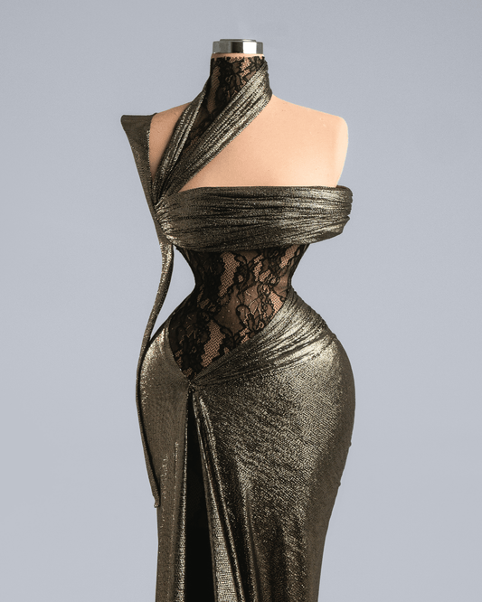 Uresa Bronze Gold Metallic Long Dress with Cut Outs