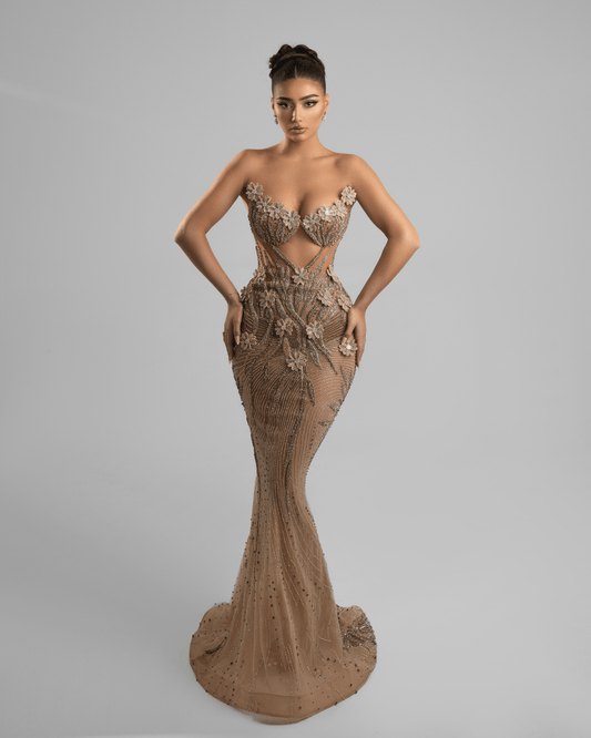 Urese Nude Long Dress with Flowers