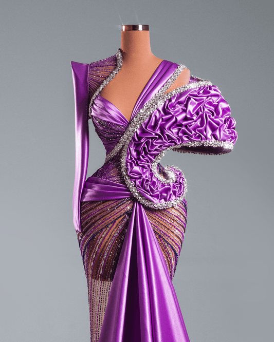 Valea Purple Long Dress with Side Cape and Crystals