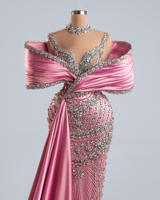 Vareve Pink Dress with Side Cape and Crystals