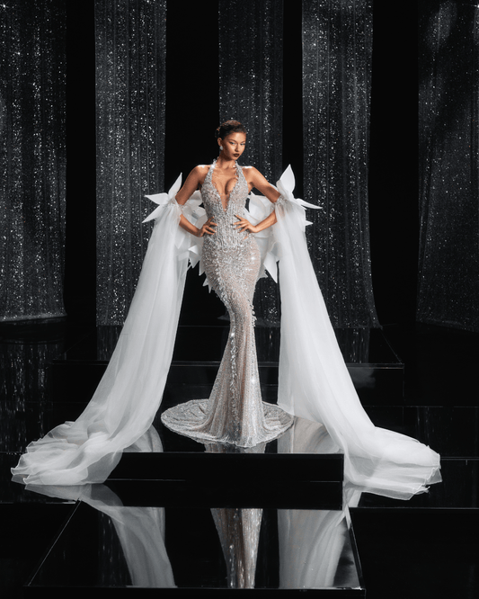 Verenesa Bridal Dress with Crystals and Shoulder Cape