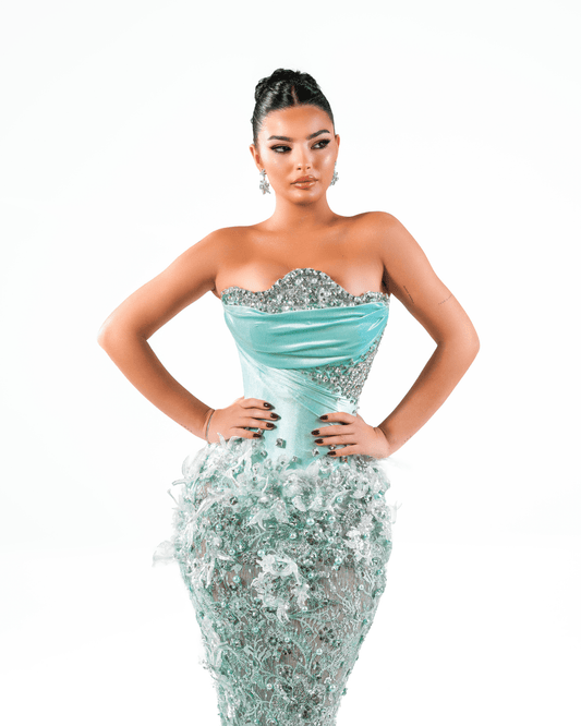 Vertea Aqua Long Dress with Crystals and Feathers