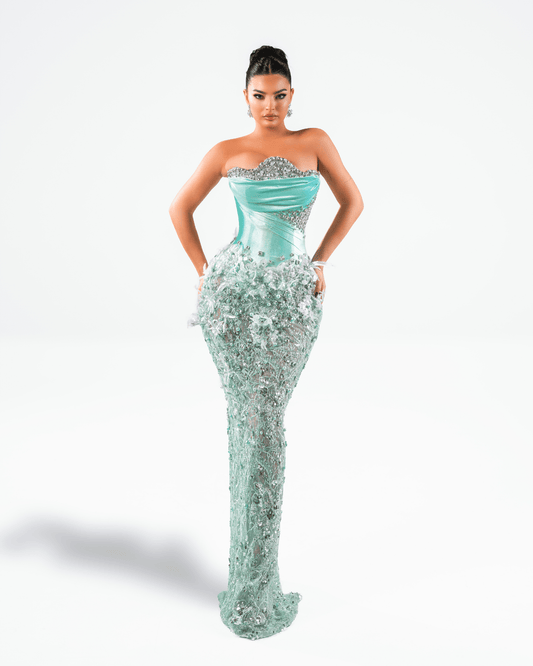 Vertea Aqua Long Dress with Crystals and Feathers
