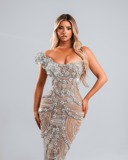 Vetese Nude Dress with Crystals and Flowers