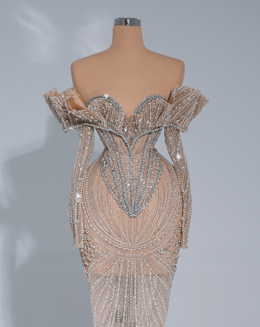 Virelle Nude Dress with Sequined Fabric, Long Sleeve