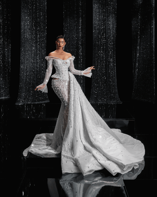 Yaseria Bridal Dress with Side Cape and Pearls