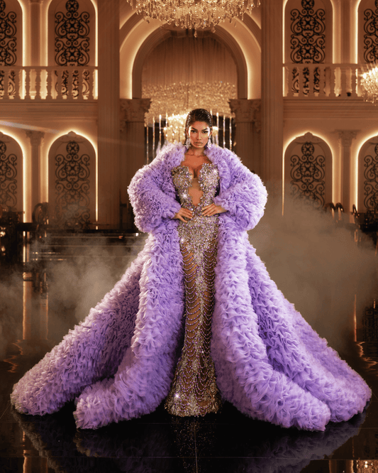 Yonea Purple Sleeveless Dress with Crystals and Cape