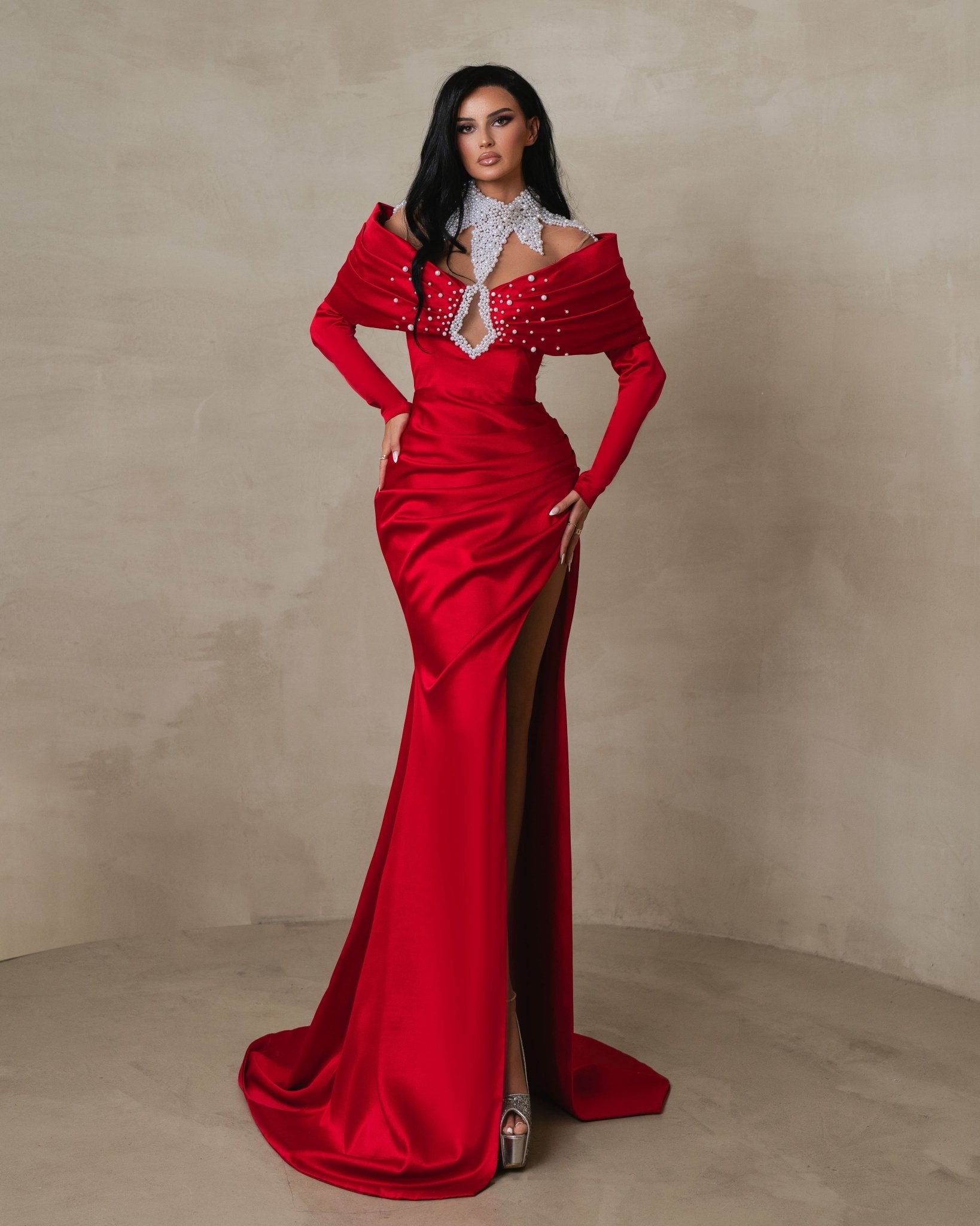 Zephryne Off Shoulder Red Satin Dress with Deep Slit Blini Fashion House Deep Slit Long Dress Long Sleeves Blini Fashion House