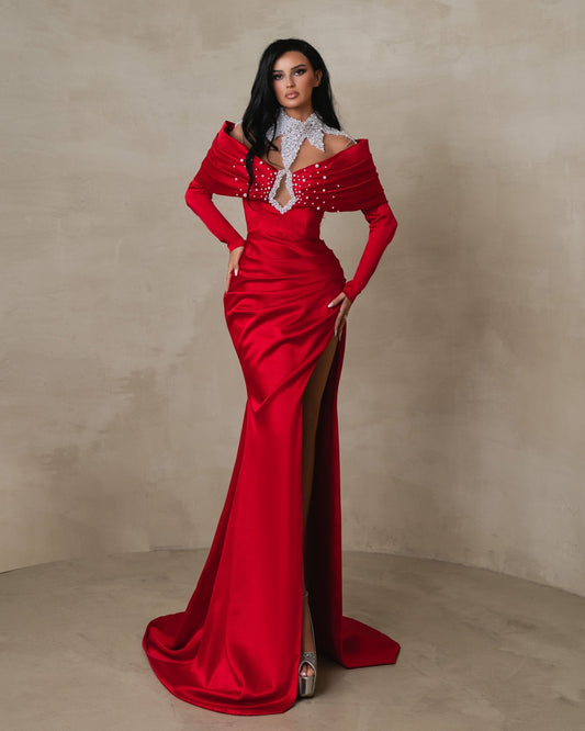 Zephryne Off Shoulder Red Satin Dress with Deep Slit