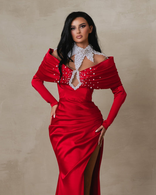 Zephryne Off Shoulder Red Satin Dress with Deep Slit