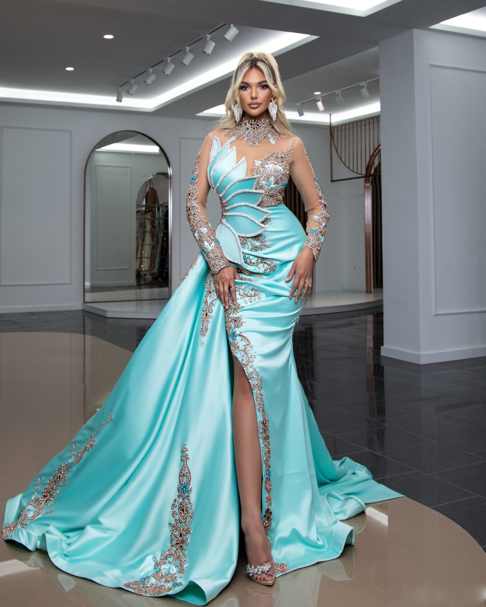 Aadita Glamorous Stone-Encrusted Side-Tail Dress - Blini Fashion House