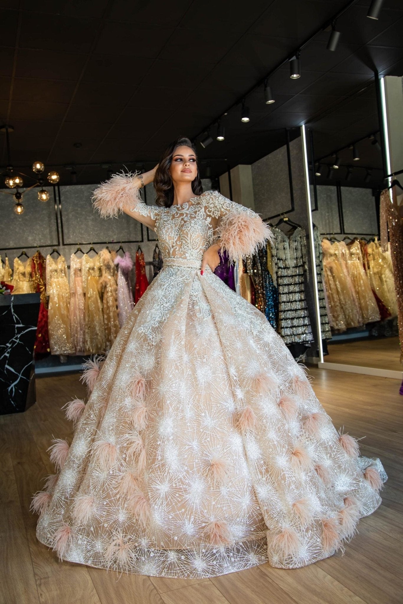 Abigail Sparkling Stones and Feather Embellishments - Blini Fashion House