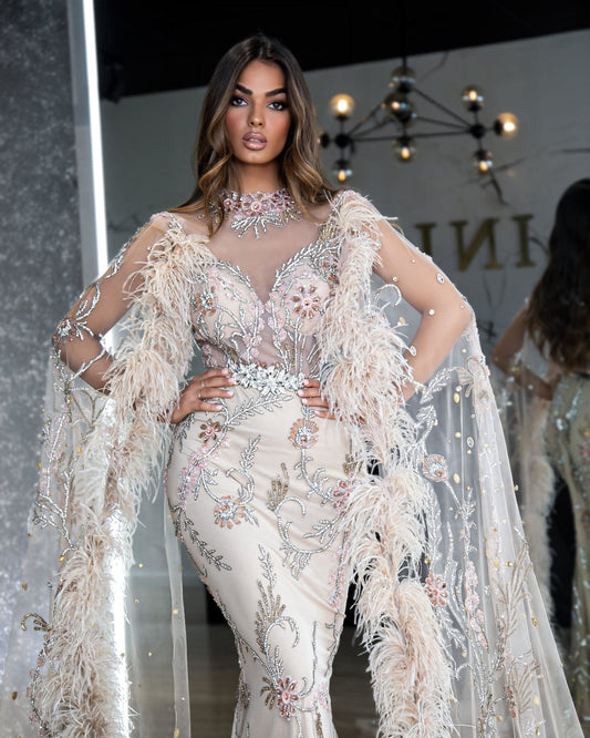 Abirami Glamorous High-Neck Cape Gown - Blini Fashion House