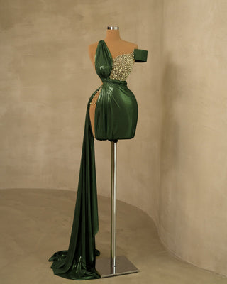 Glamorous Side Tail Forest Green Dress Adorned with Pearls for Stylish Occasions