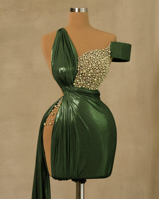 Elegant Forest Green Short Dress with Side Tail and Pearl Embellishments - Shop Now