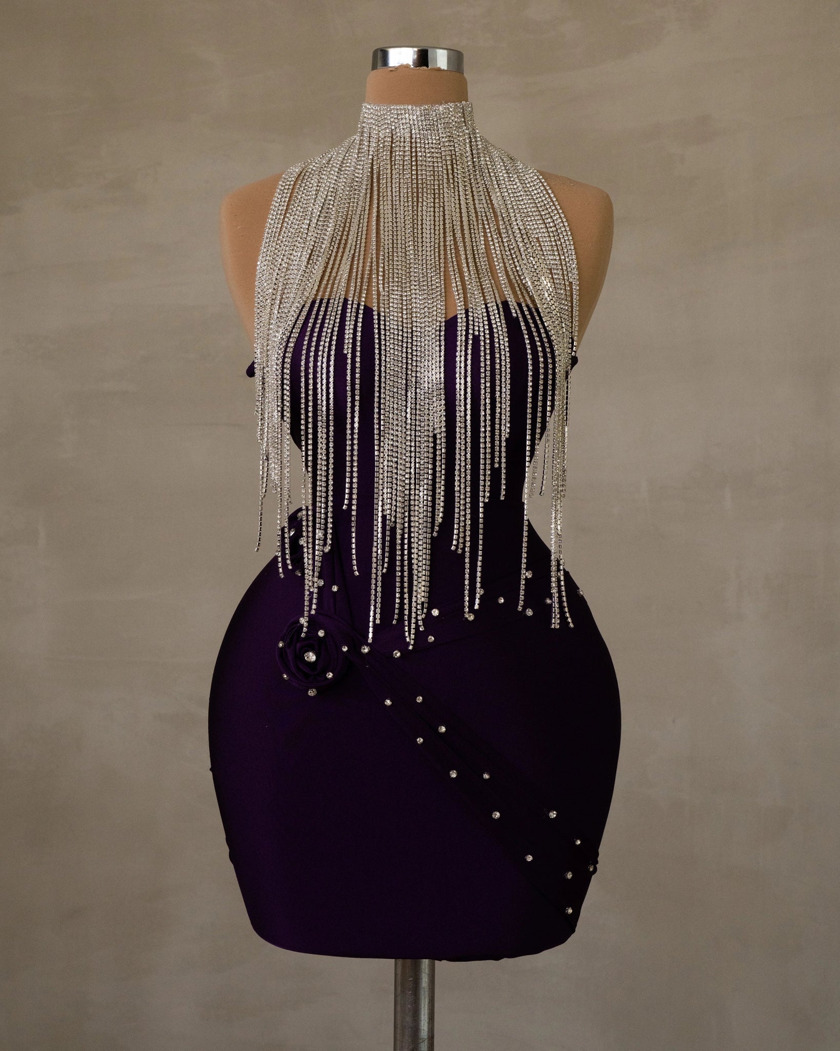 Chic Sleeveless Deep Purple Dress with Silver Tassels