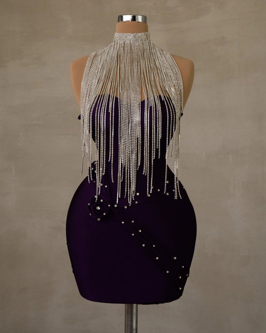 Chic Sleeveless Deep Purple Dress with Silver Tassels