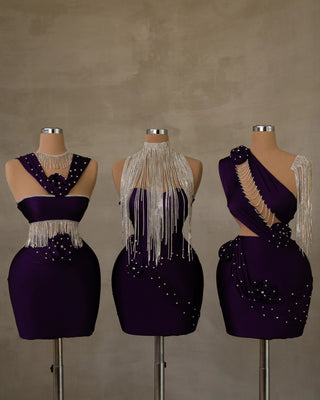 Elegant Short Dresses in Deep Purple with Silver Tassel Detail