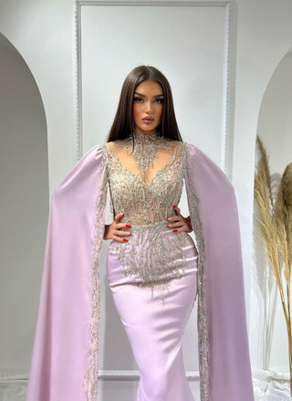 Afkoya Luxurious High Neck Side Cape Evening Dress - Blini Fashion House