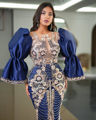 Aira Mesmerizing Dress with Puff Sleeves and Glittering Stone Adornments - Blini Fashion House