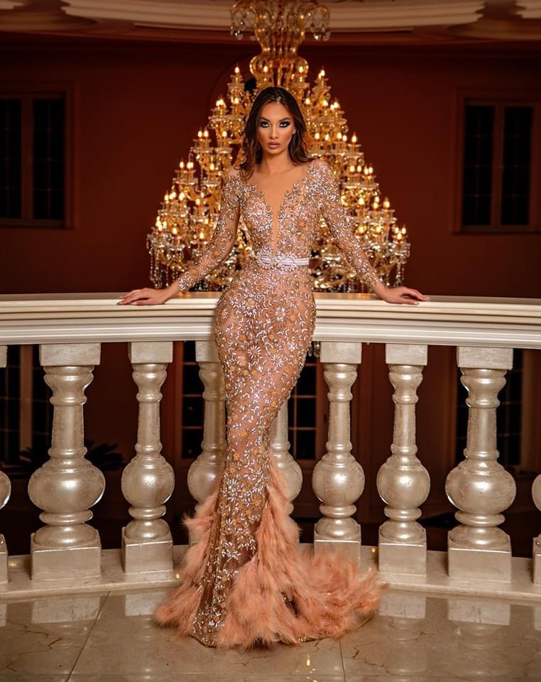 Aleema Stone Embellished Dress and Feathered Cape - Blini Fashion House