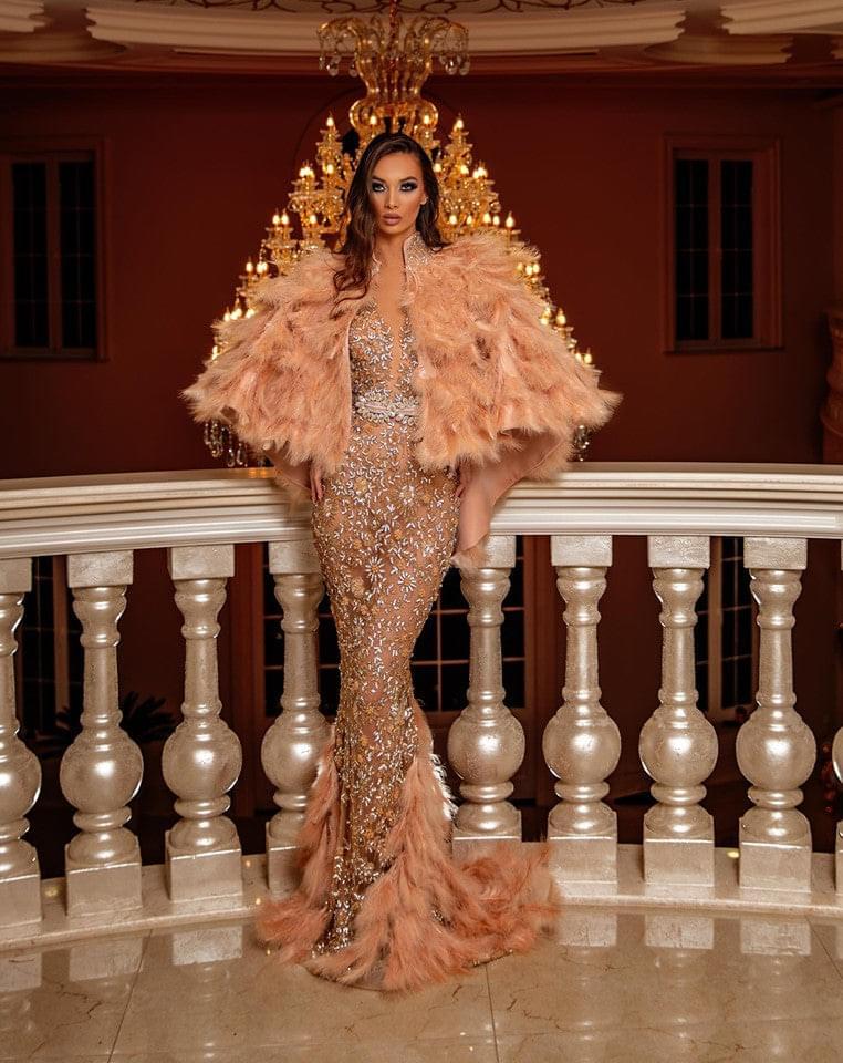 Aleema Stone Embellished Dress and Feathered Cape - Blini Fashion House