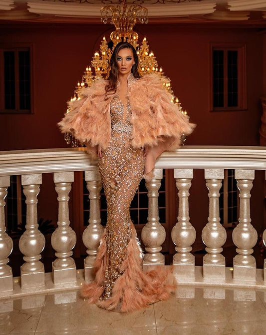 Aleema Stone Embellished Dress and Feathered Cape - Blini Fashion House