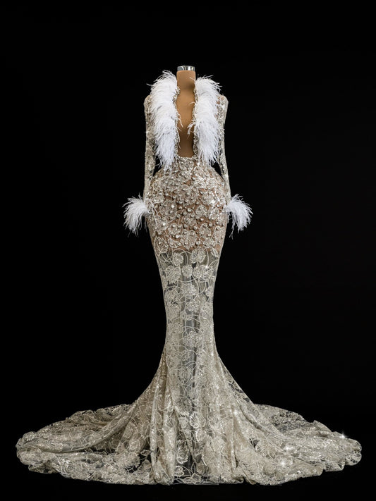 Alexa Bridal Dress with Intricate Feather and Stone Details - Blini Fashion House