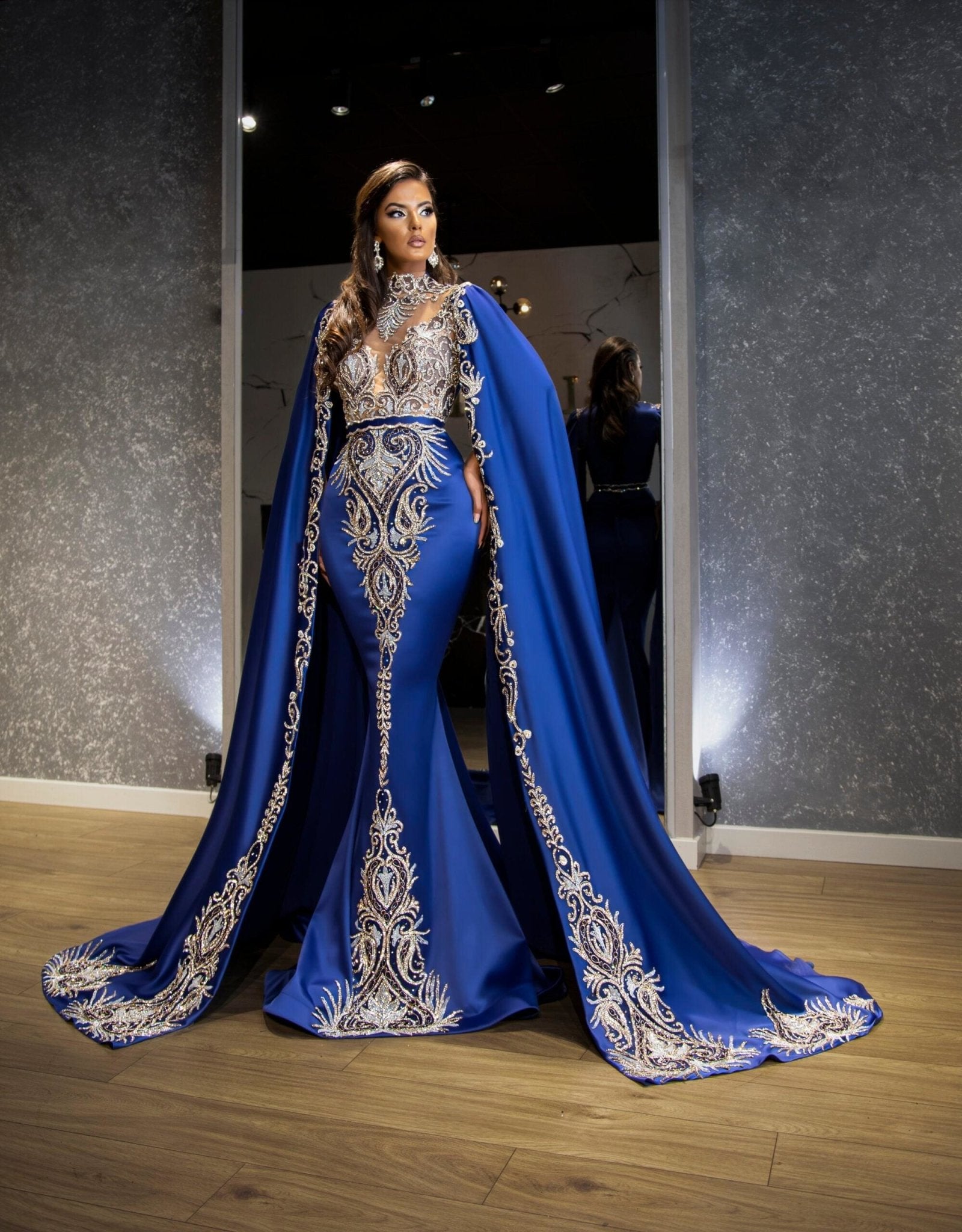 Alondra Stone-Embellished Dress with Side Cape - Blini Fashion House