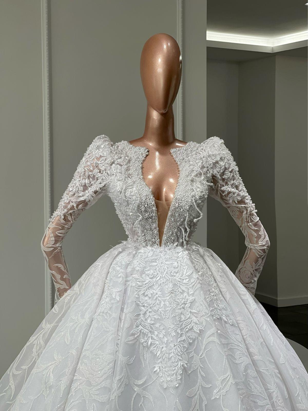 Long Sleeve High Neckline Lace Fit And Flare Wedding Dress With Bow And Puff  Sleeves | Kleinfeld Bridal