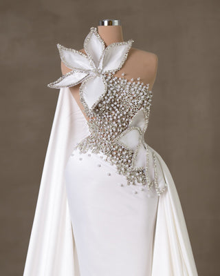 Sleeveless White Satin Bridal Dress Adorned with Crystals and Pearls