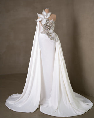 Elegant Bridal Gown with Long Cape and Side Tail 