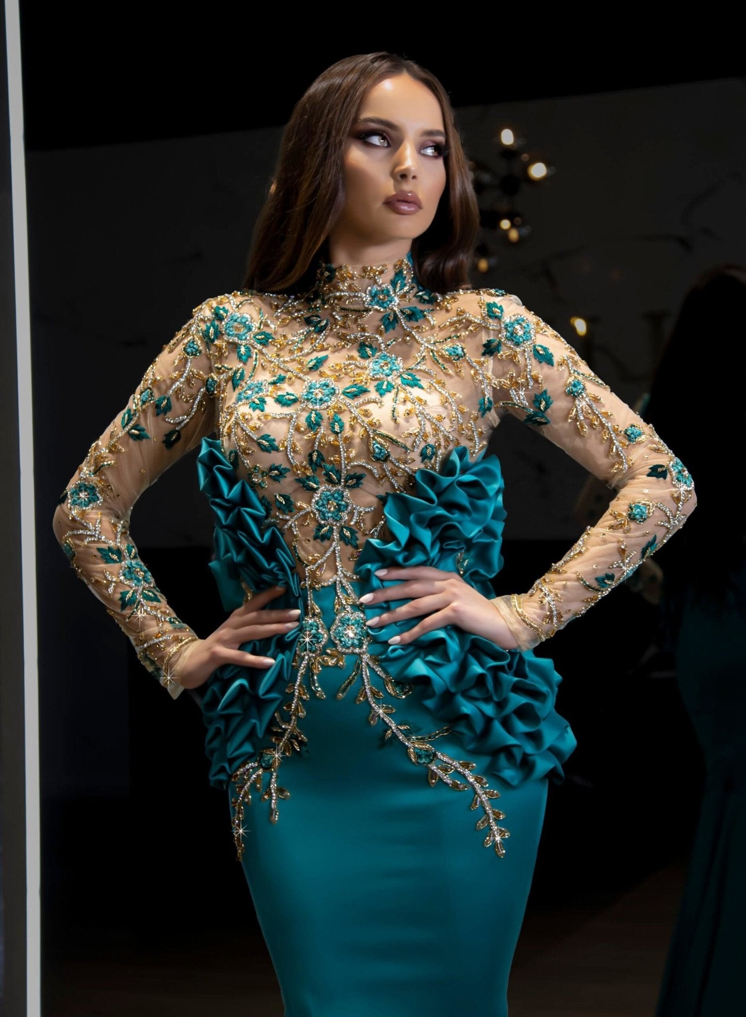 Amani Flowery Lace Dress with Chic High Neck - Blini Fashion House