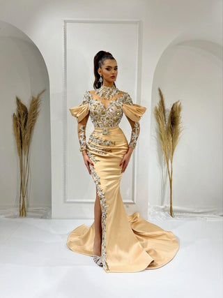 Amara High Neck Mirror-Embellished Gown - Blini Fashion House